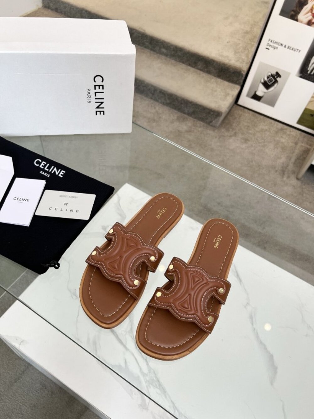 Celine Tan Leather Triomphe Flat Slide Sandals - Picture 2 of 6